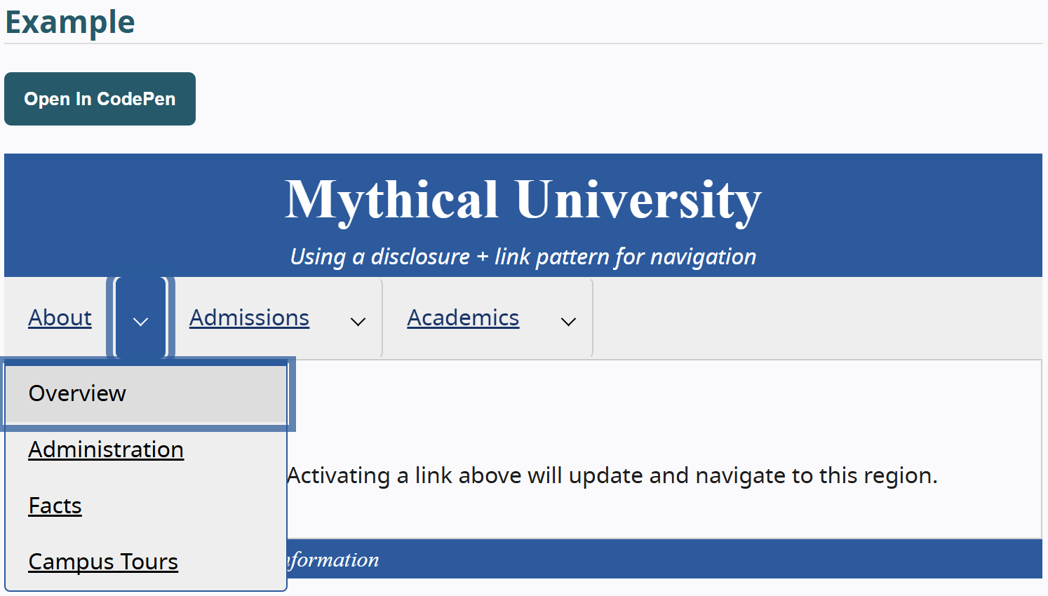 Page Mythical University du site W3C. Le focus est sur la catégorie About, dont les sous-menus sont dépliés grâce à un bouton flèche vers le bas.