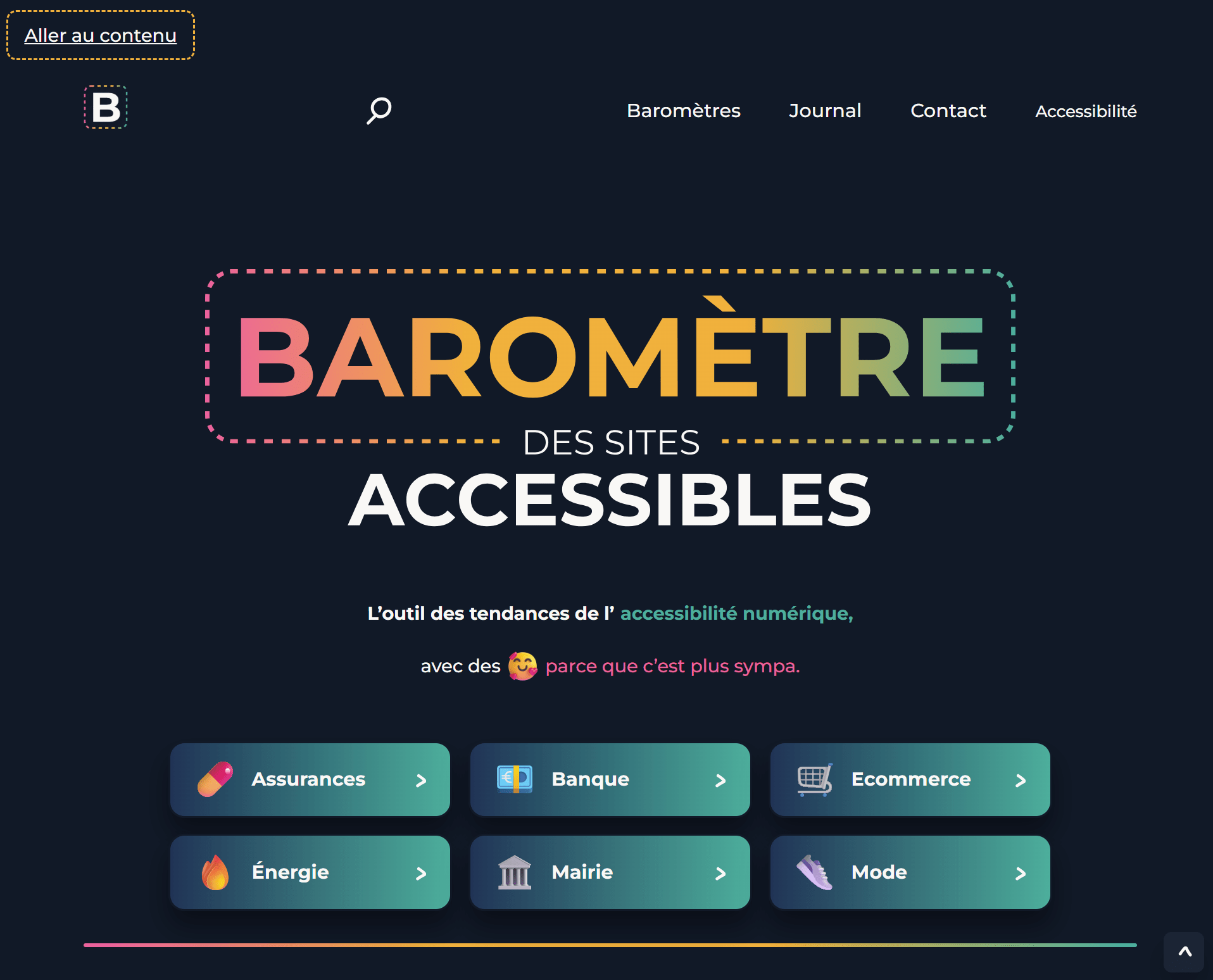 Page d'accueil du Baromètre des sites accessibles. Le focus est sur un lien Aller au contenu.